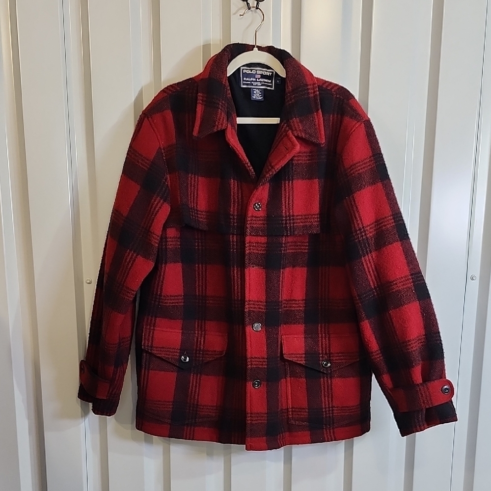 Polo Sport Ralph Lauren Mens Classic Red Black Checkered Wool Barn Coat Sz Large